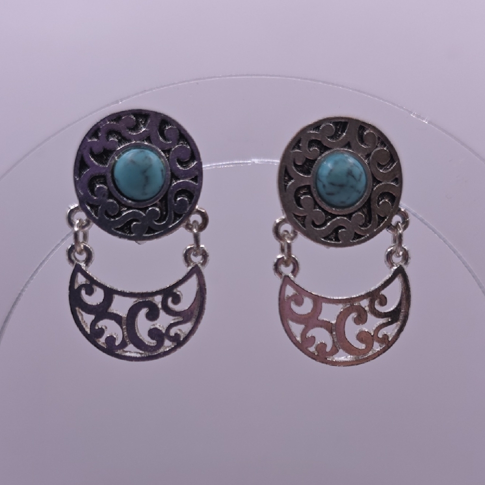 Bohemian Filigree Silvertone and Faux Turquoise Clip-on Dangle Earrings